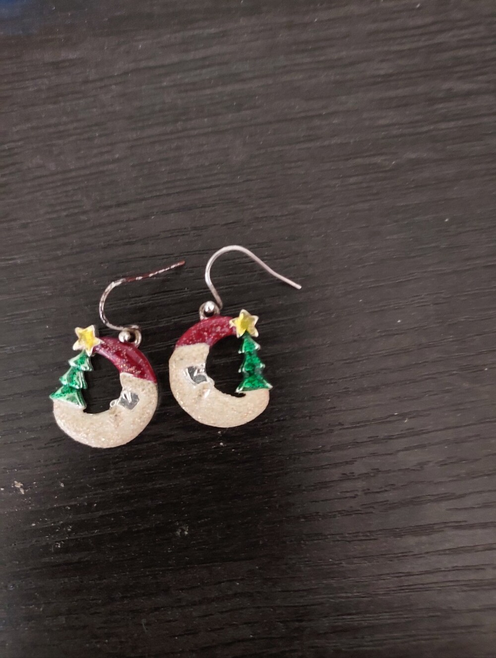 Holiday Crescent Moon and Tree Earrings in Red, Green & Gold